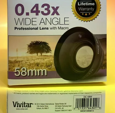 VIVITAR 0.43x WIDE ANGLE LENS MACRO 58mm -> HD4 / NIKON CANON / 0.45X • $20.48